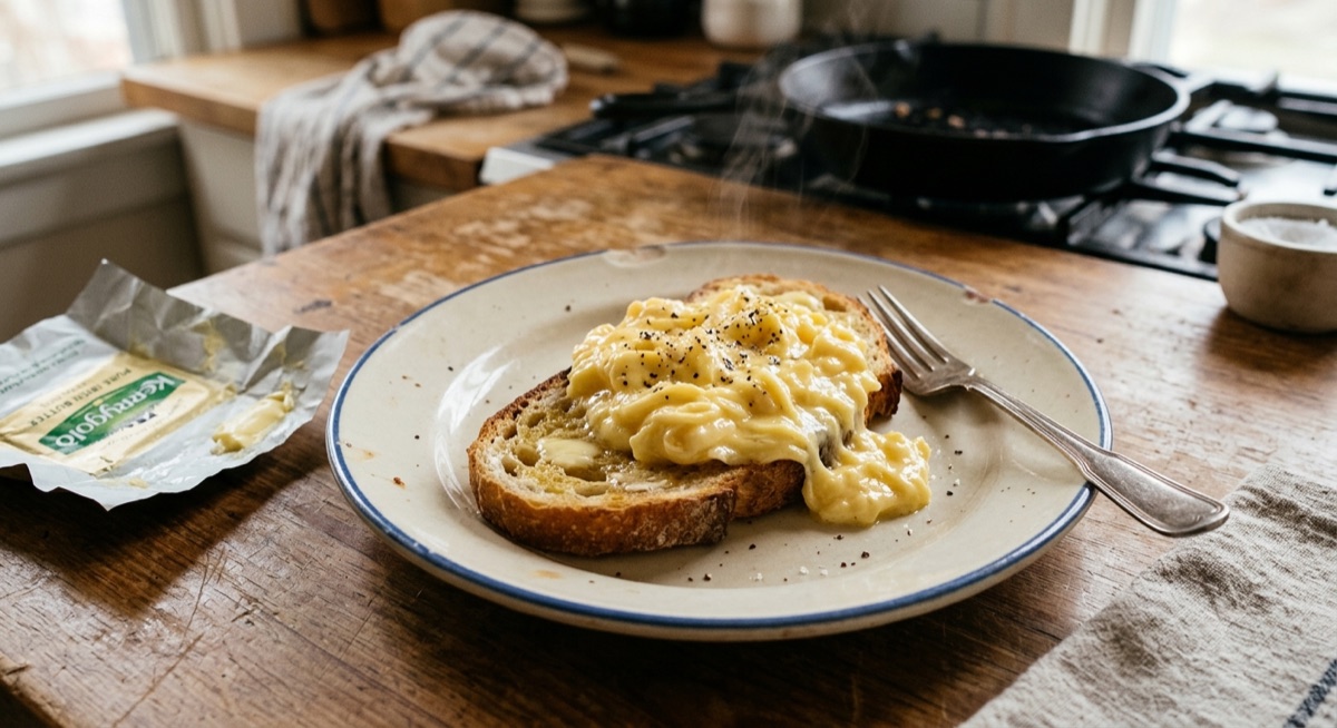 Soft scrambled eggs on buttered toast