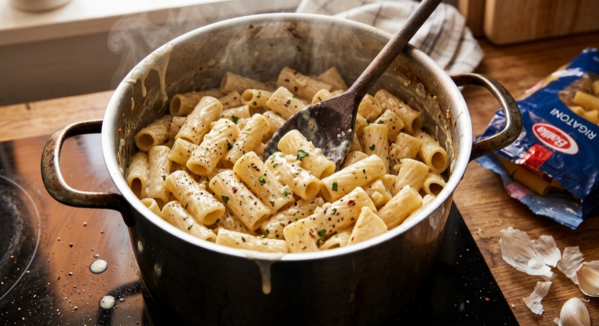 Creamy one-pot rigatoni in the pot it was cooked in