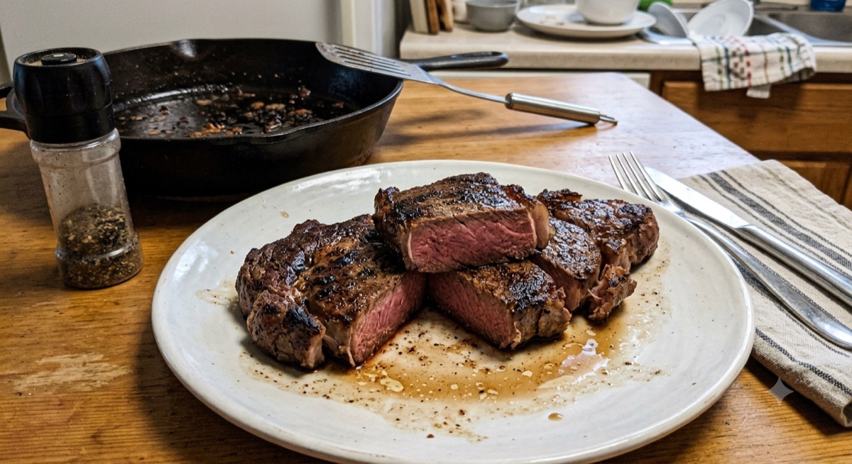 Sliced pan-seared steak on a plate beside the cast-iron skillet